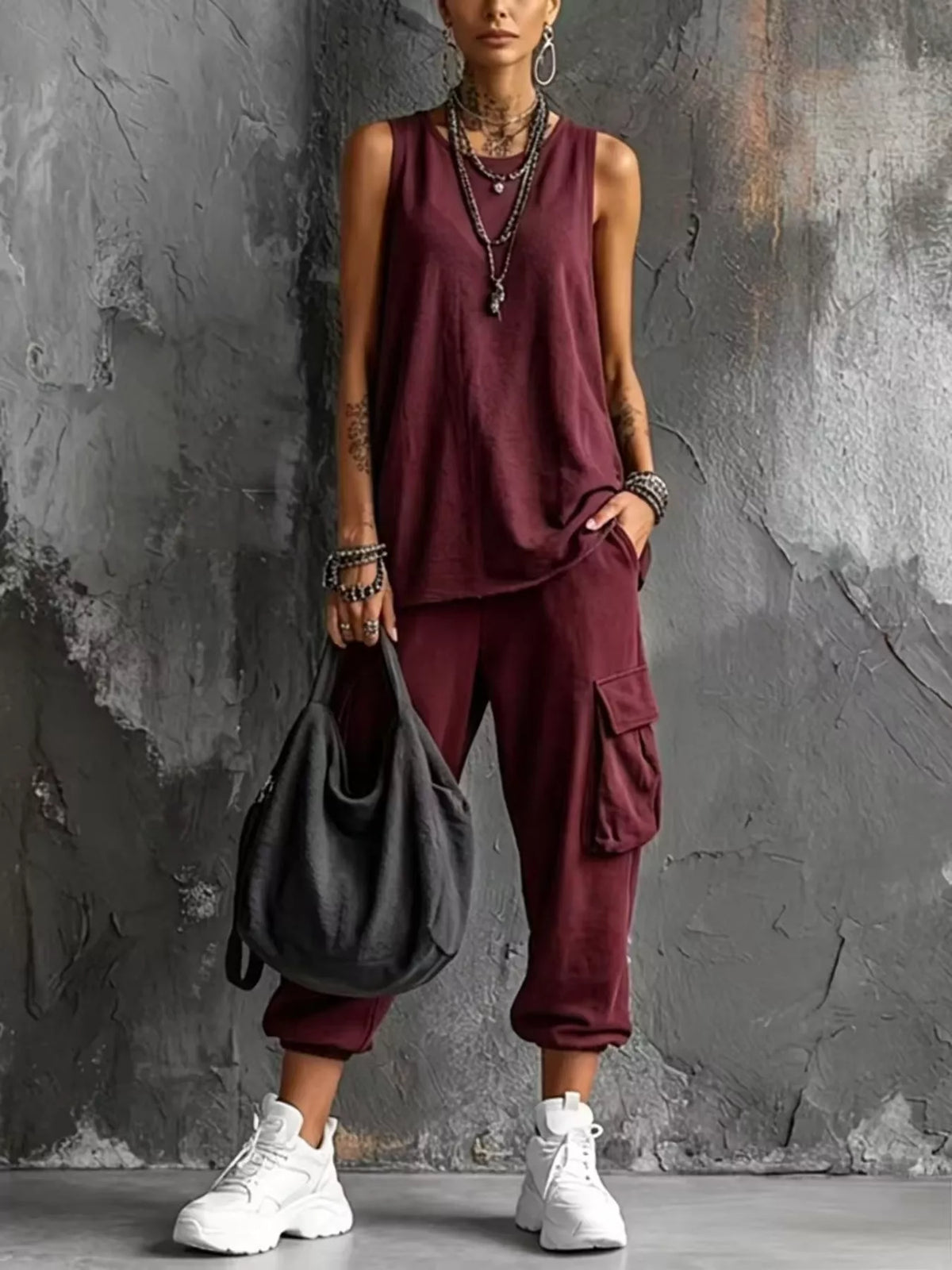 Plus size casual tank top and cargo pants set by Trendsi, featuring a comfortable sleeveless top and relaxed cargo pants.