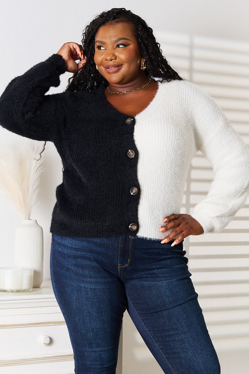 Women’s contrast button-front V-neck knit cardigan by Plush Fashion Hub, featuring angel wing woven detail on the right side.