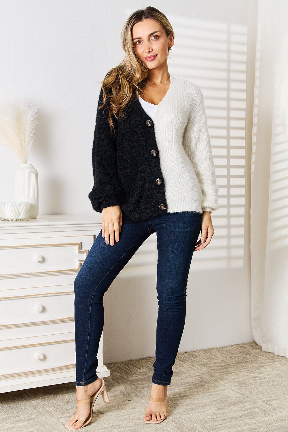 Women’s contrast button-front V-neck knit cardigan by Plush Fashion Hub with angel wing woven pattern and long sleeves.