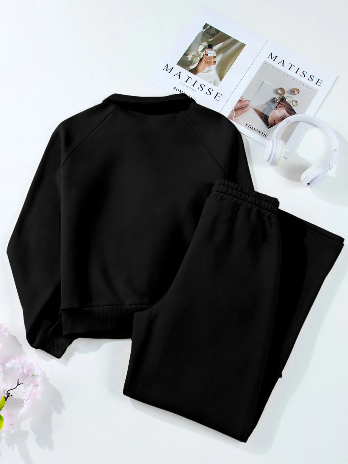 Plush Fashion Hub activewear set with a collared sweatshirt and high-waist pants, stylish and comfortable for workouts or casual wear.