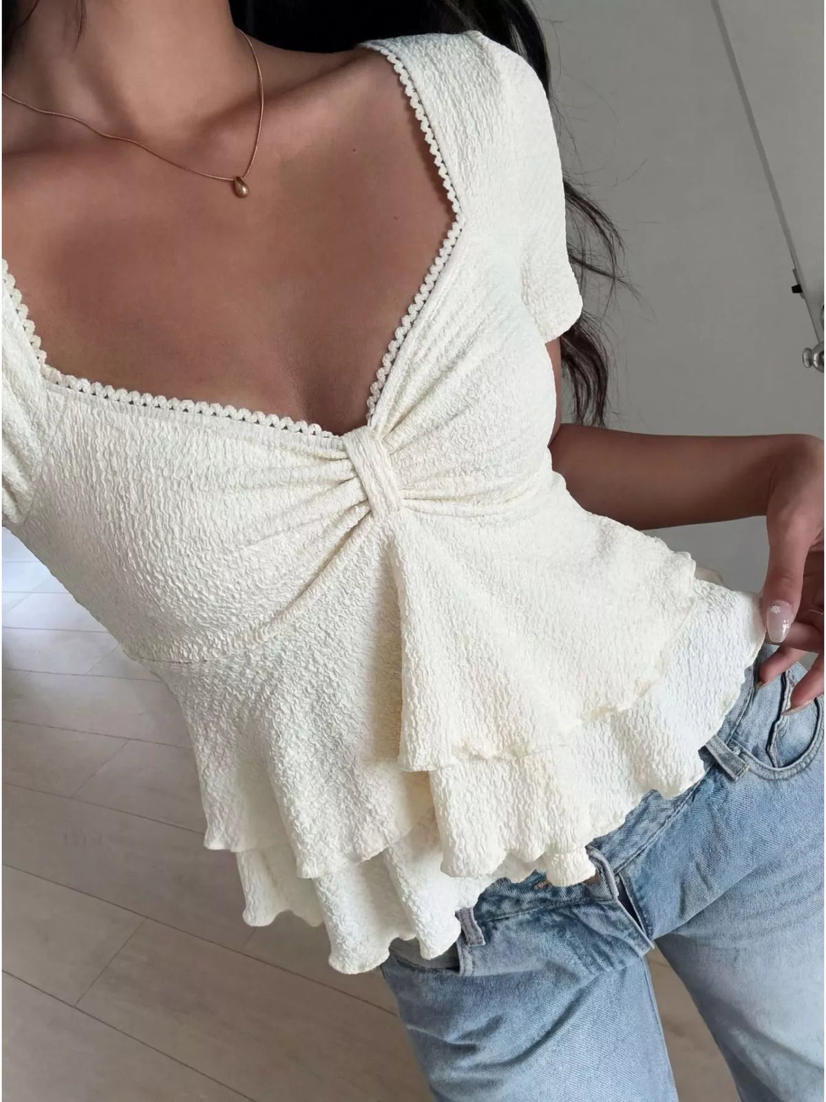 Sweetheart neck layered ruffle top from Plush Fashion Hub, showcasing the feminine neckline and layered ruffle details.