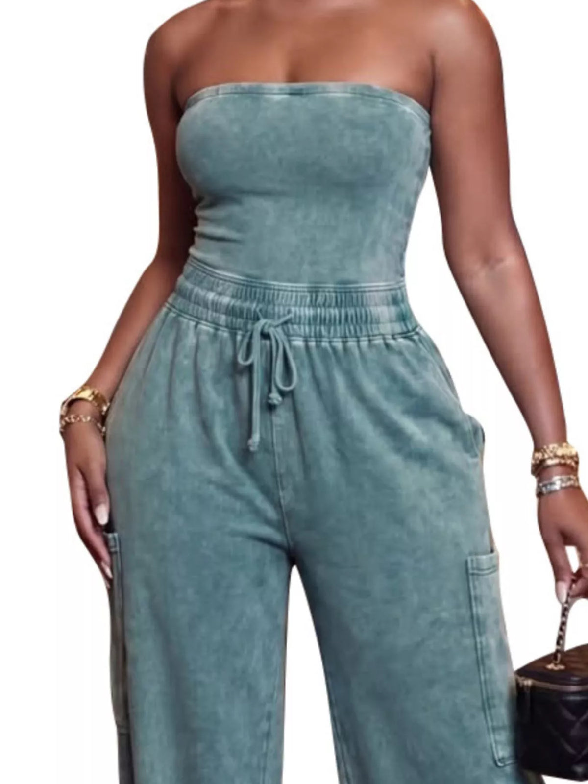 Strapless wide-leg jumpsuit with drawstring waist from Plush Fashion Hub, stylish playsuit perfect for casual and summer wear.