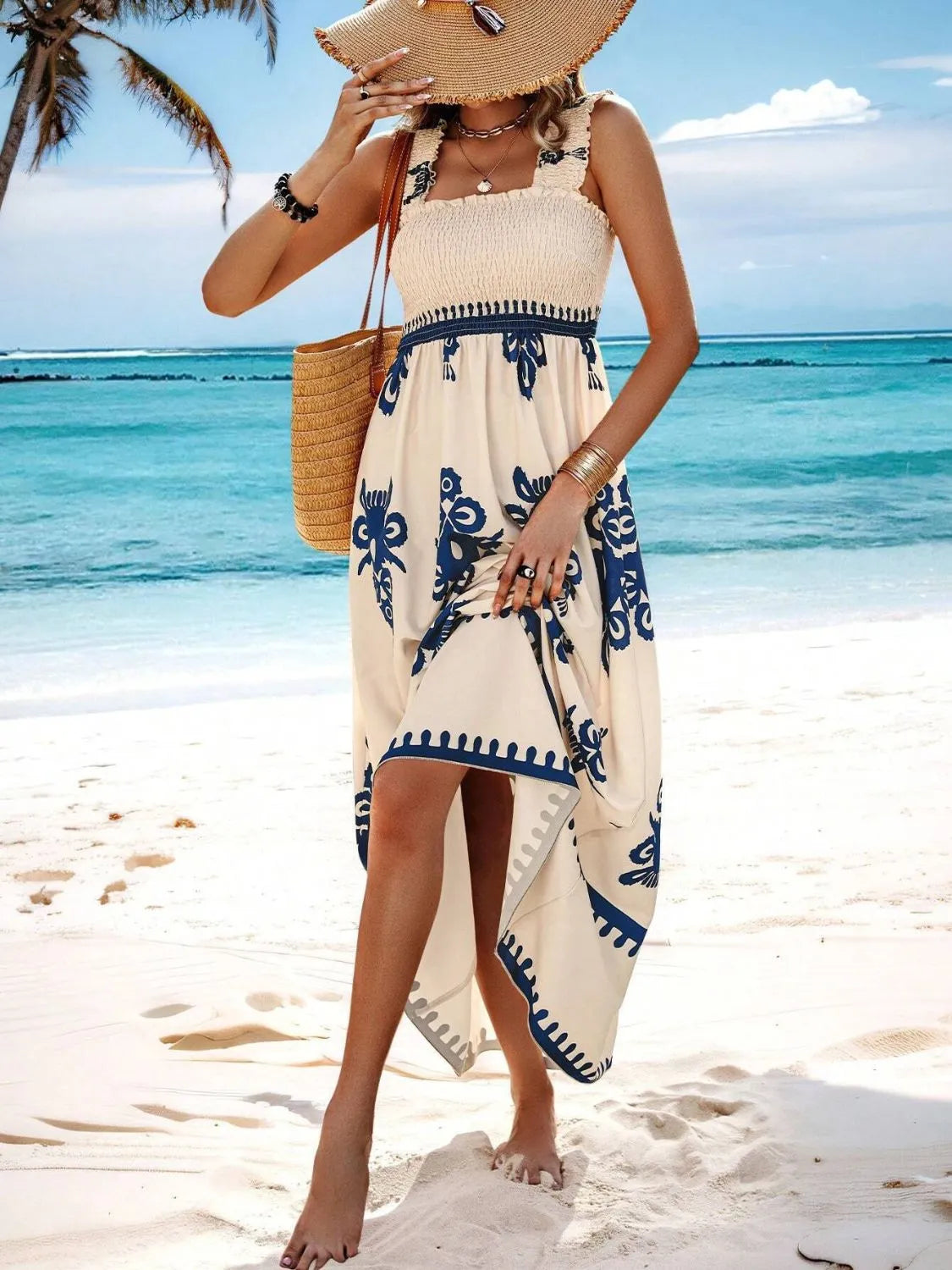 Plush Fashion Hub smocked printed wide strap maxi dress with flowing fabric and vibrant floral pattern, perfect for summer wear.