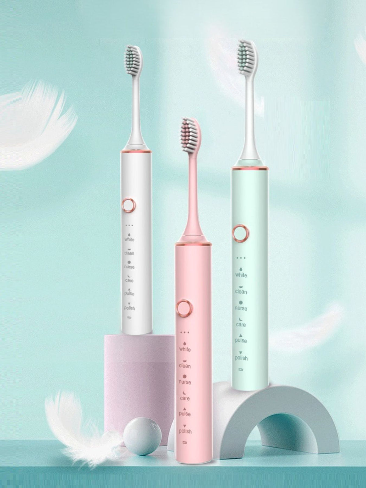 Eight-piece electric toothbrush set from Plush Fashion Hub, featuring sleek brushes with colorful heads for optimal dental cleaning.