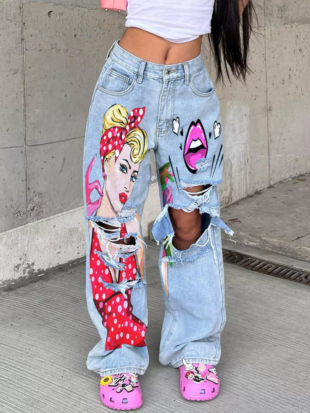 Full size art print distressed wide-leg plus size jeans by Trendsi, showing the relaxed fit and stylish distressed detailing.