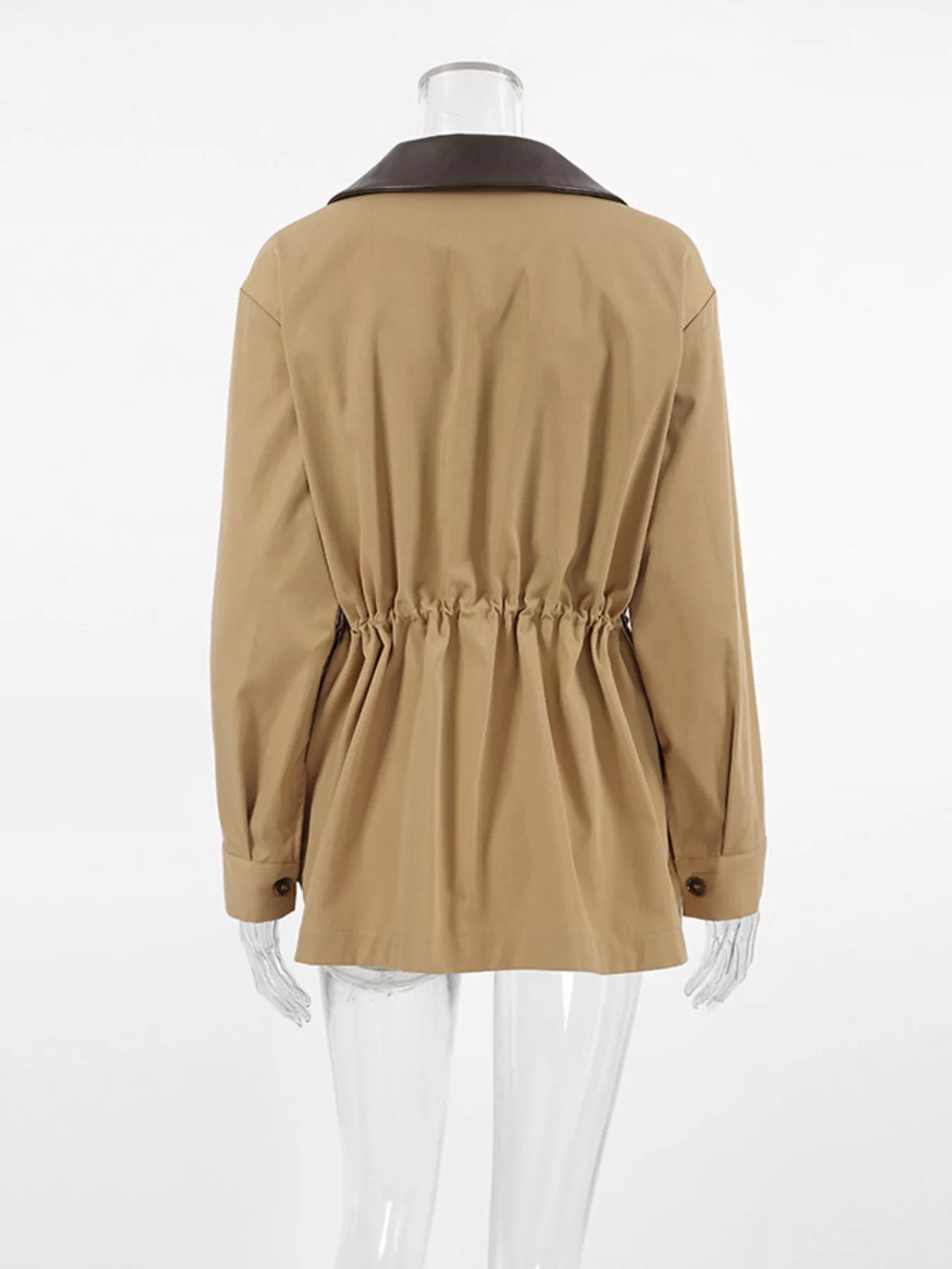 Oversized contrast collar jacket with drawstring waist, trendy women's outerwear by Trendsi, shown in black with stylish details.