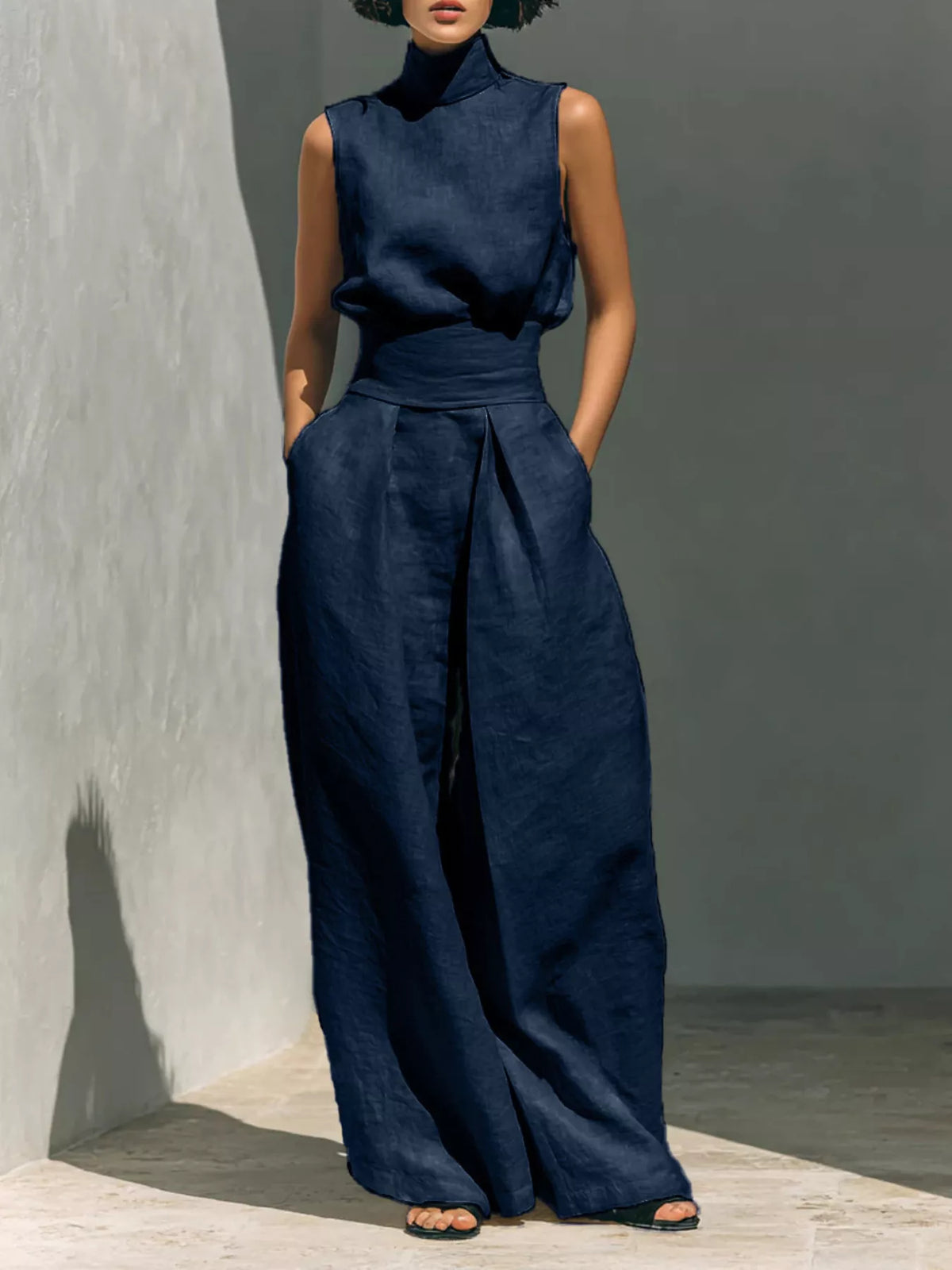 Plush Fashion Hub turtleneck sleeveless top and wide-leg pants set, stylish and comfortable women's fashion outfit.