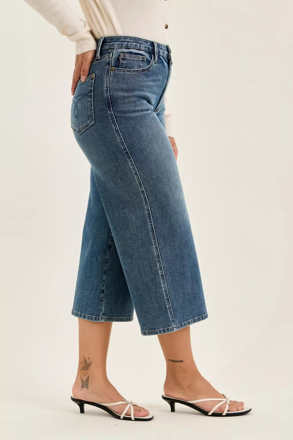 Plush Fashion Hub Judy Blue high waist Dottie wide crop jeans in medium quarry fade with distressed details and wide leg style.