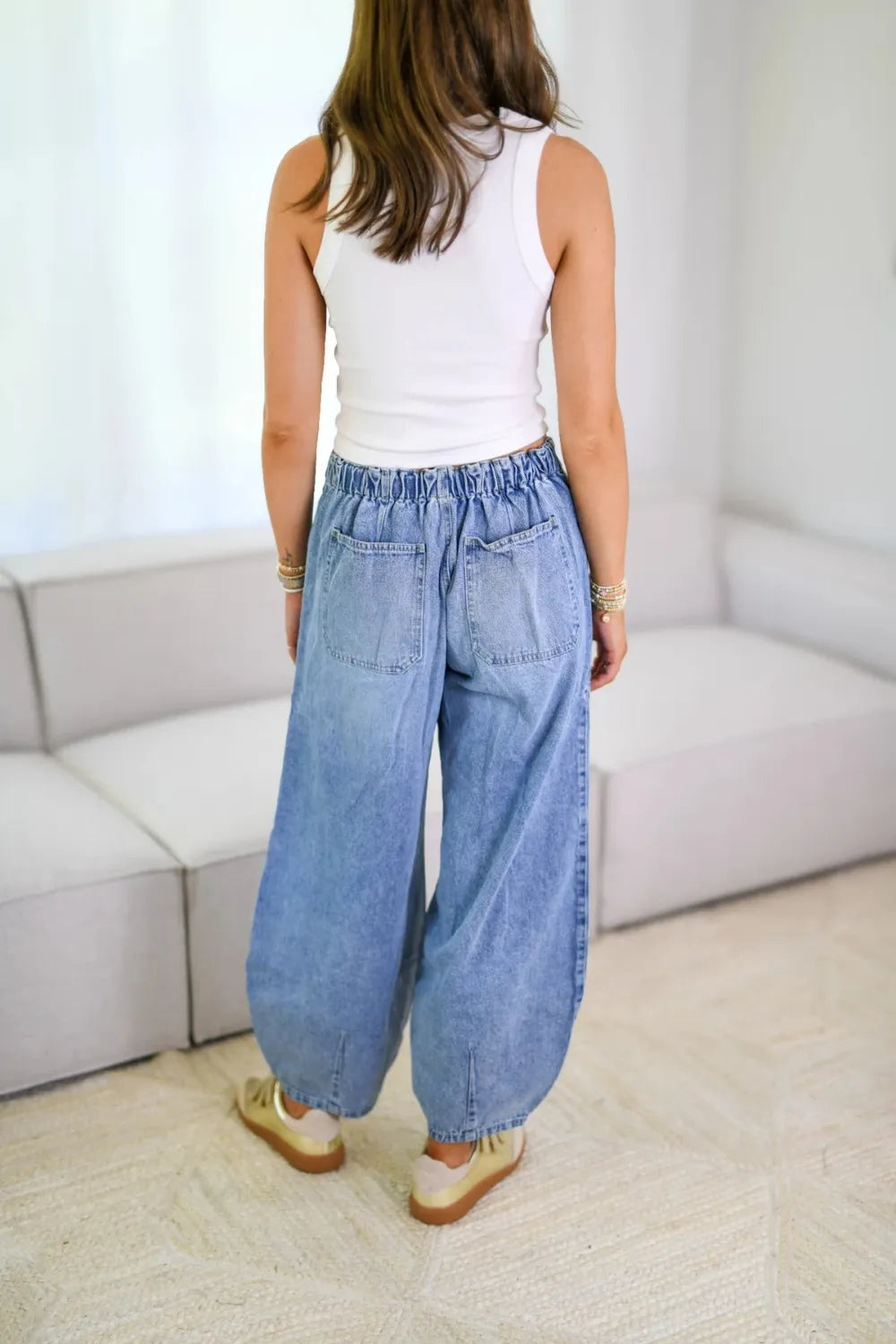 Plush Fashion Hub drawstring denim jeans with front and back pockets, casual fit, in classic blue denim.