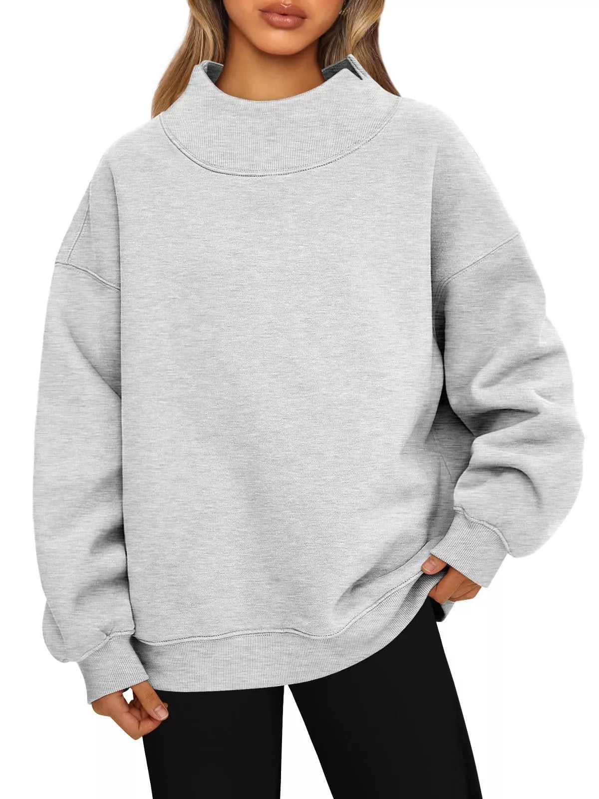 Women's oversized plush fashion hub mock neck sweatshirt with dropped shoulders, casual pullover style, in a soft, cozy fabric.
