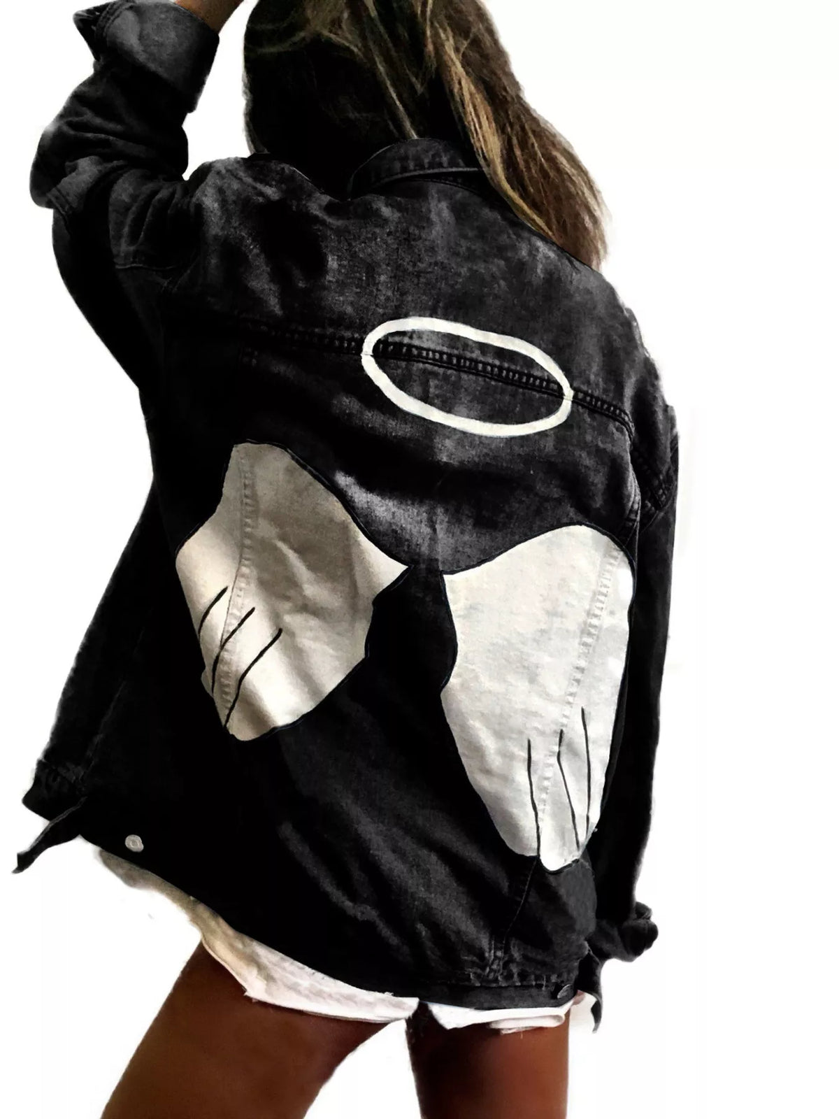 Plus size denim jacket with angel wings graphic back design, trendy trendy Trendsi fashion jacket, casual stylish outerwear