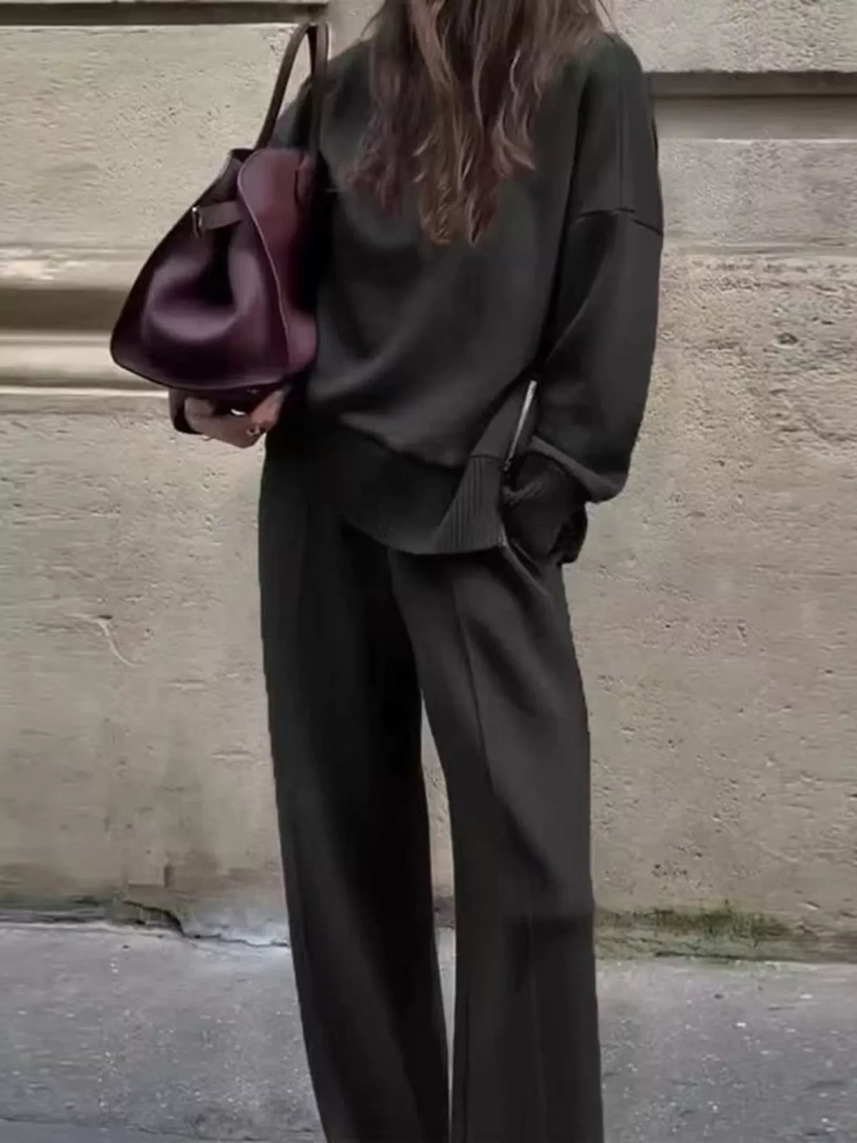 Trendsi turtleneck dropped shoulder top and matching pants set, stylish and comfortable outfit for casual wear.