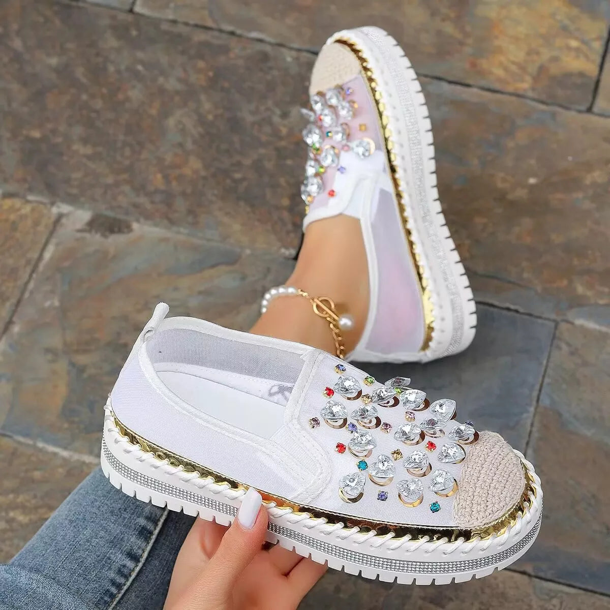 Rhinestone decor platform loafers by Trendsi, stylish footwear with sparkling rhinestone accents and a chunky platform sole.