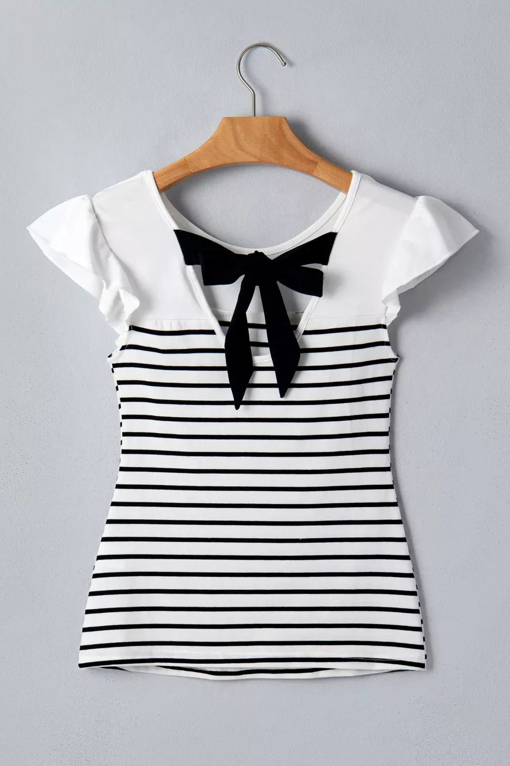 Stripe contrast knot back ruffle trim tank top by Plush Fashion Hub, showing the stylish front with ruffle details and striped pattern