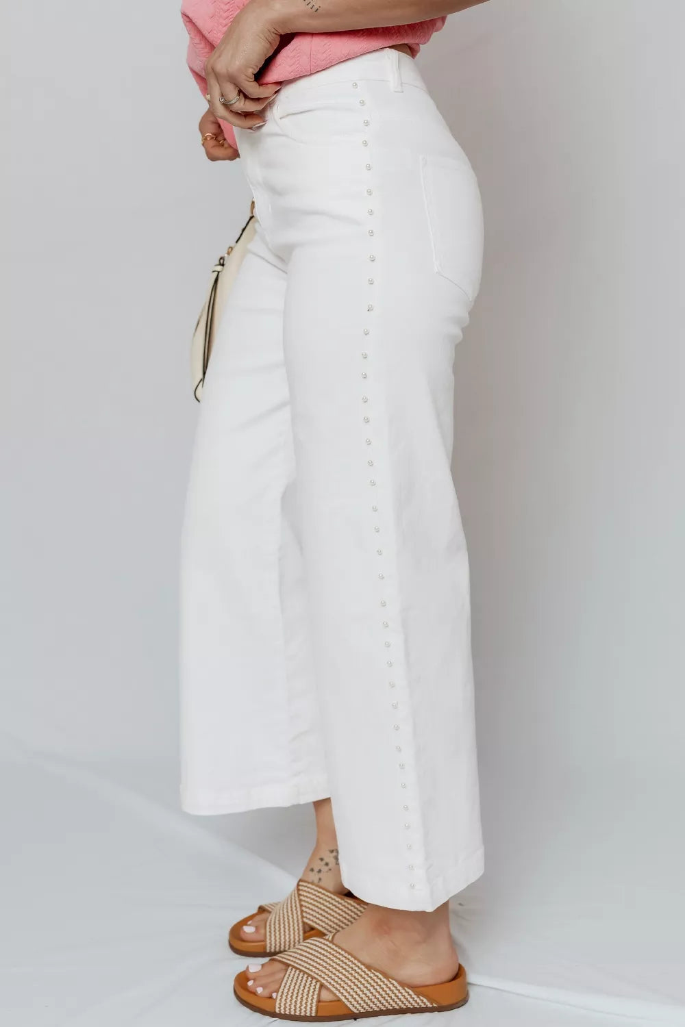 Pearl-embellished side seam ankle-length shift jeans by Plush Fashion Hub, featuring stylish design and fitted silhouette.