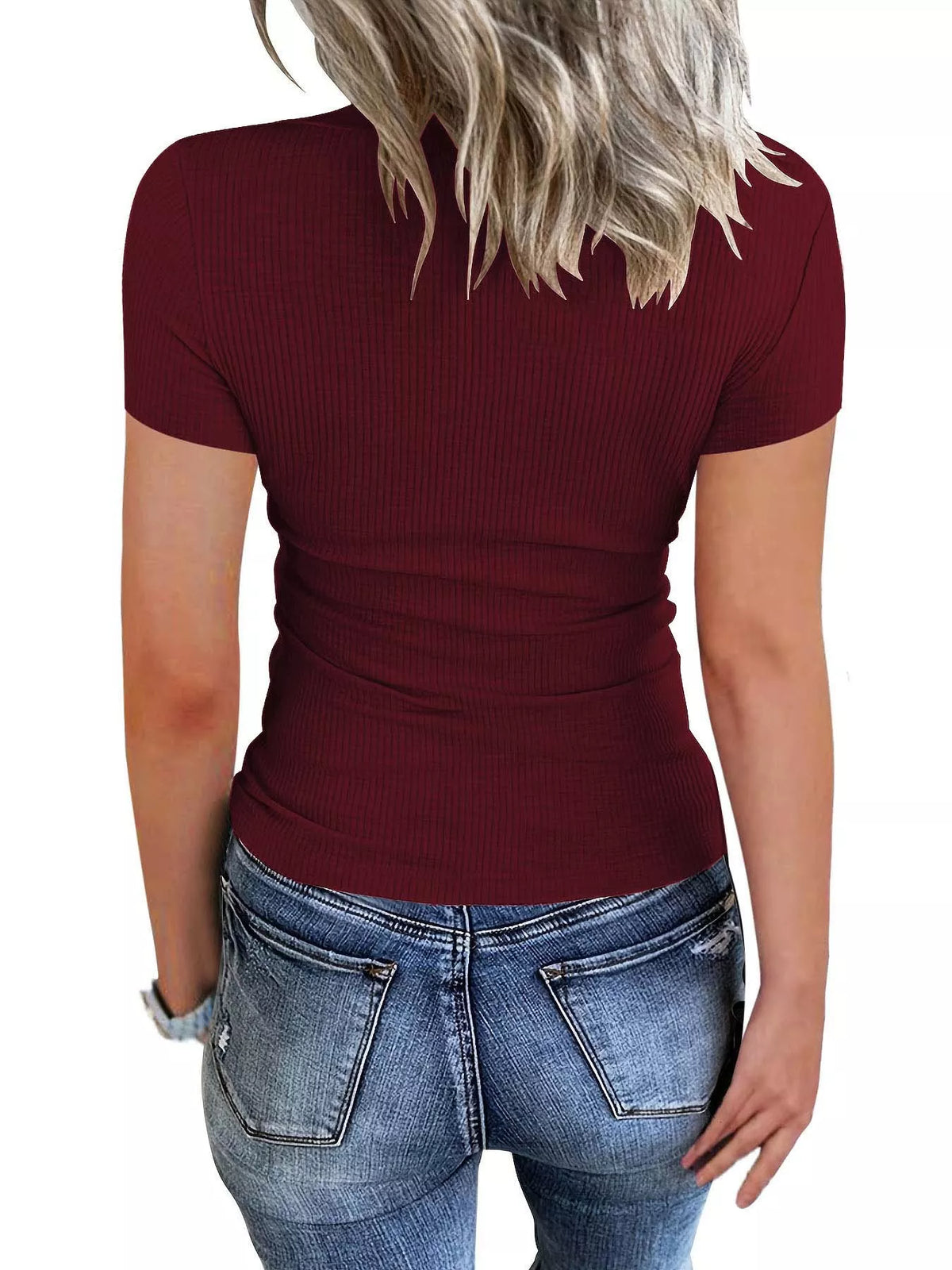 Ribbed knit T-shirt with button detail from Plush Fashion Hub, featuring a close-up of the textured fabric and button accents.