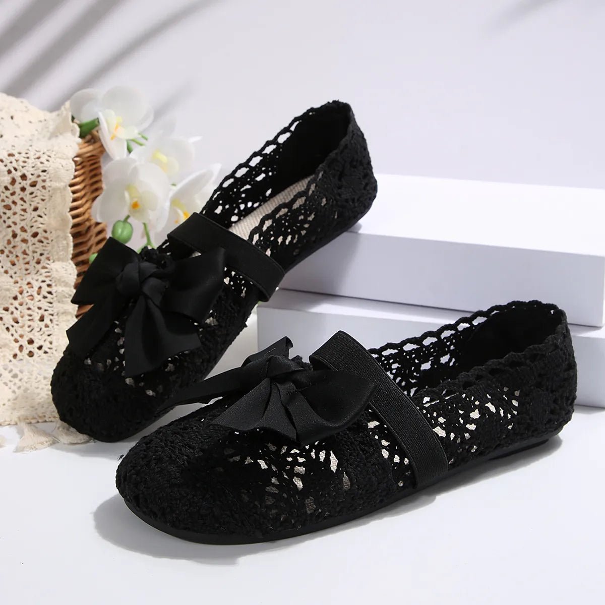 Women's round toe bow slip-on mesh flats by Plush Fashion Hub, featuring a stylish bow detail and comfortable slip-on design.