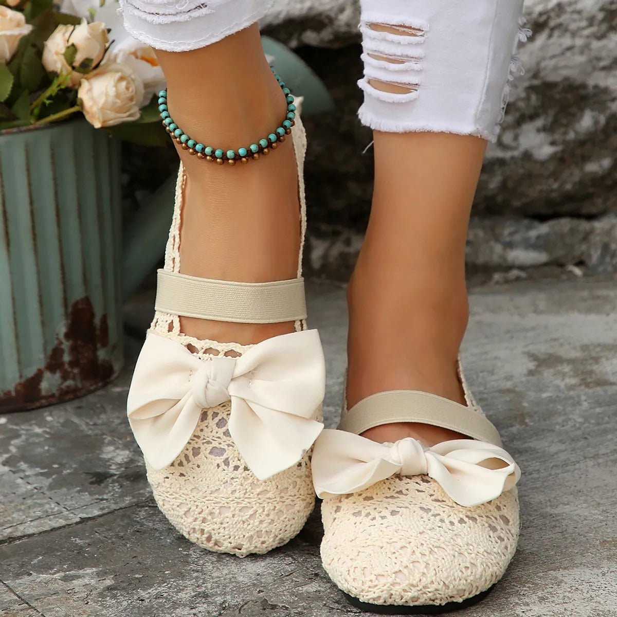Women's round toe mesh flats with bow detail, slip-on design by Plush Fashion Hub, perfect for casual and comfortable wear.