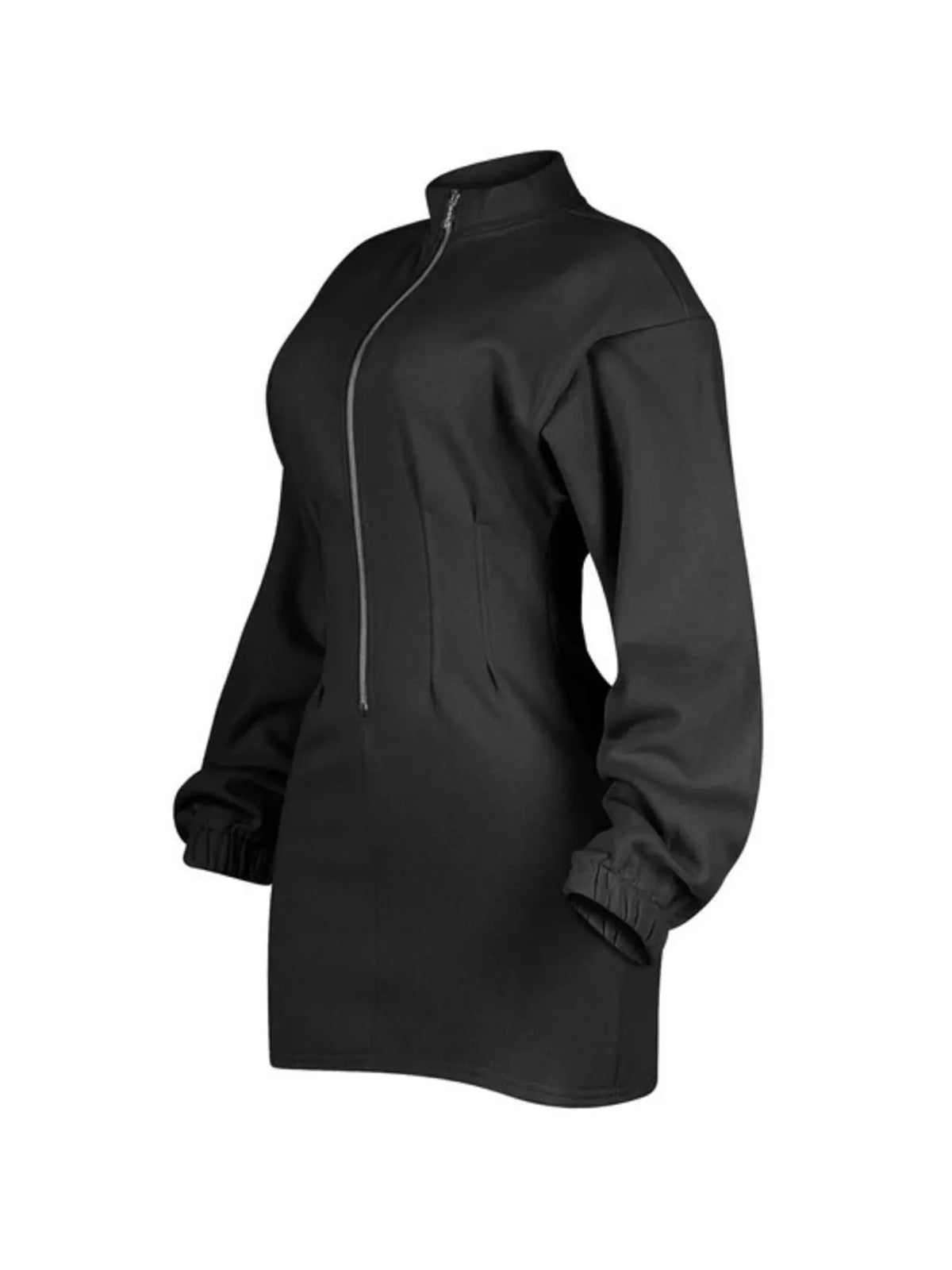 Trendi casual zip-up long sleeve mini dress with a fitted silhouette, featuring a front zipper and soft fabric.