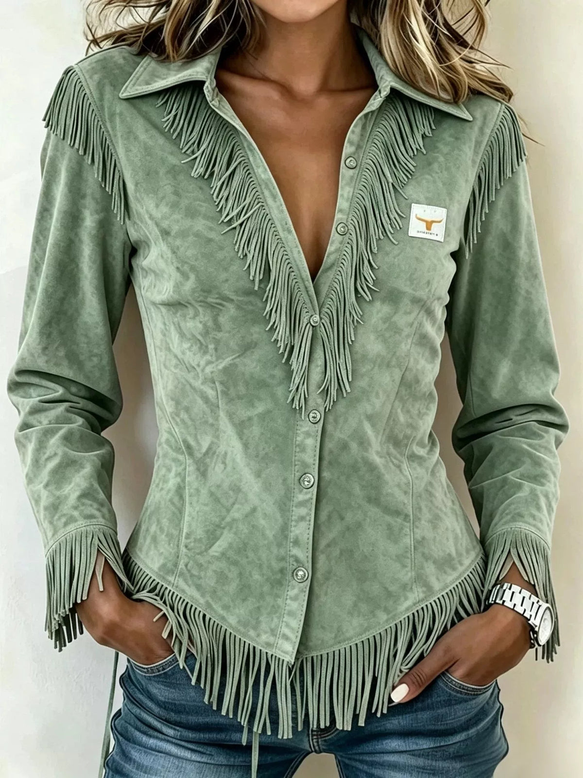 Plus size full fringed collared neck shirt by Trendsi, featuring a stylish design with fringe details and a classic collar.
