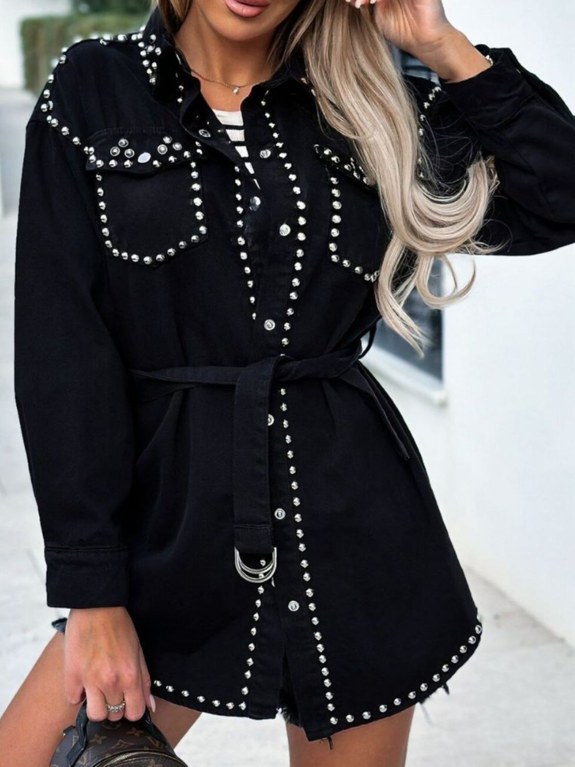 Studded snap-down long sleeve denim shacket by Plush Fashion Hub featuring metal studs and button closure, casual oversized style.