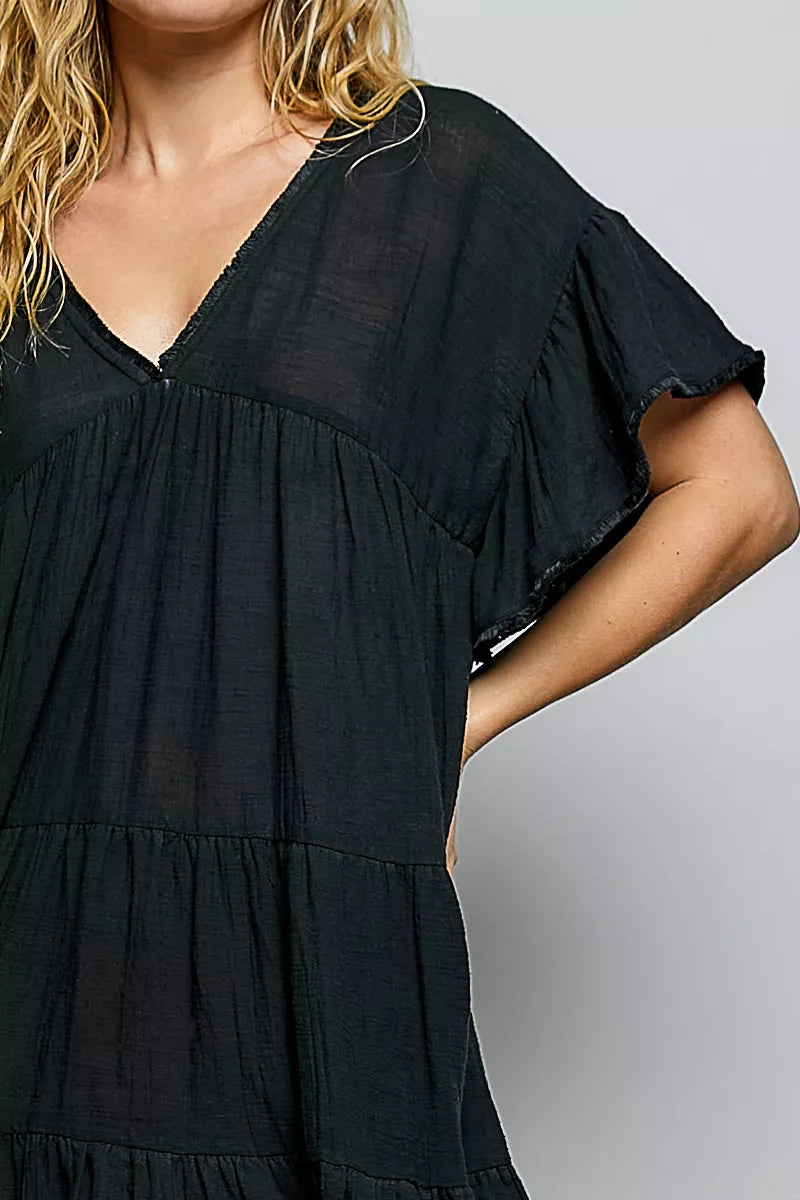 Cotton ruffle shirred V-neck short sleeve dress by Plush Fashion Hub with feminine ruffle details and a relaxed fit.