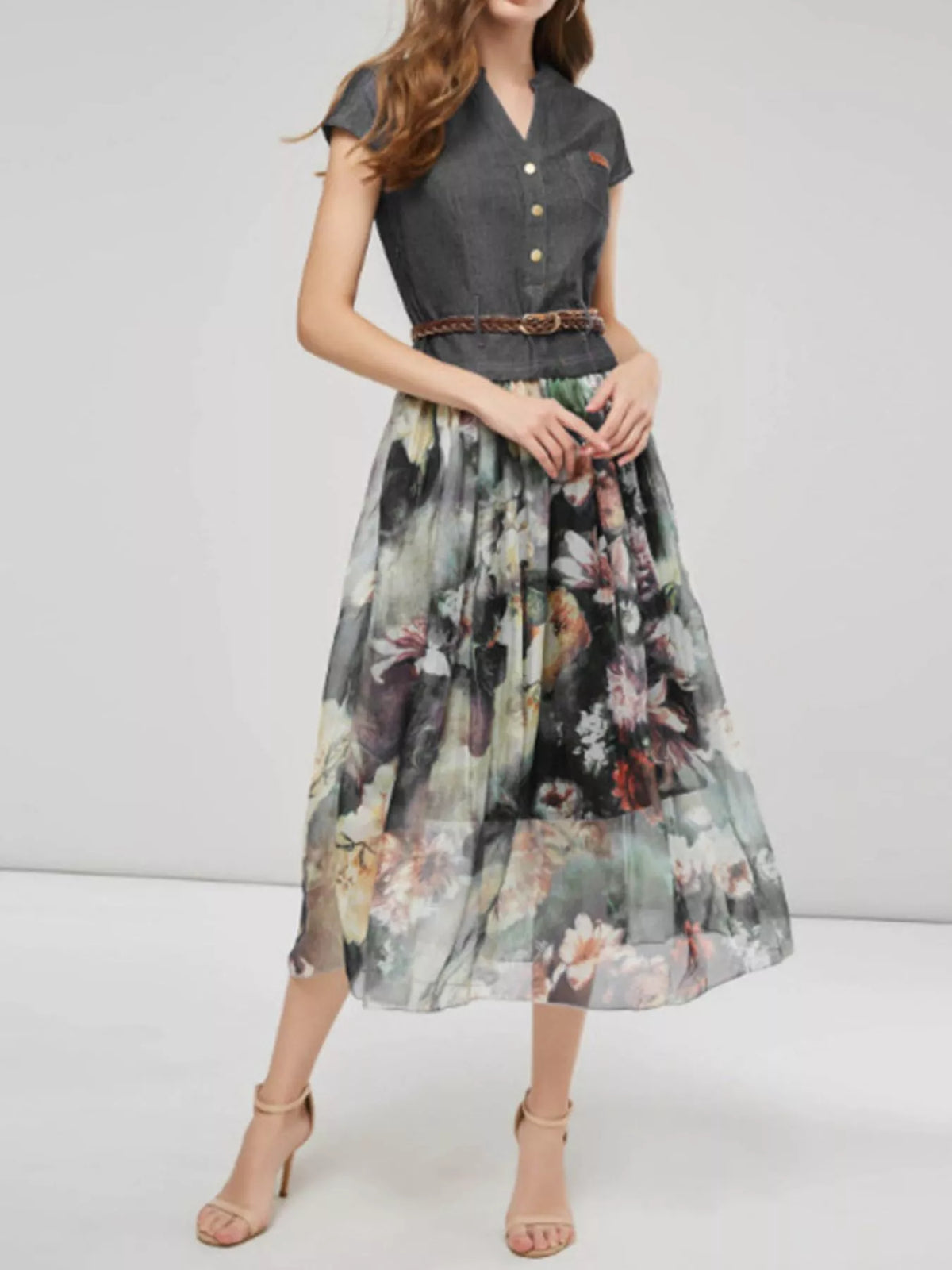Plus size full chiffon patchwork floral print dress from Plush Fashion Hub, featuring a flowy chiffon fabric and vibrant floral design.