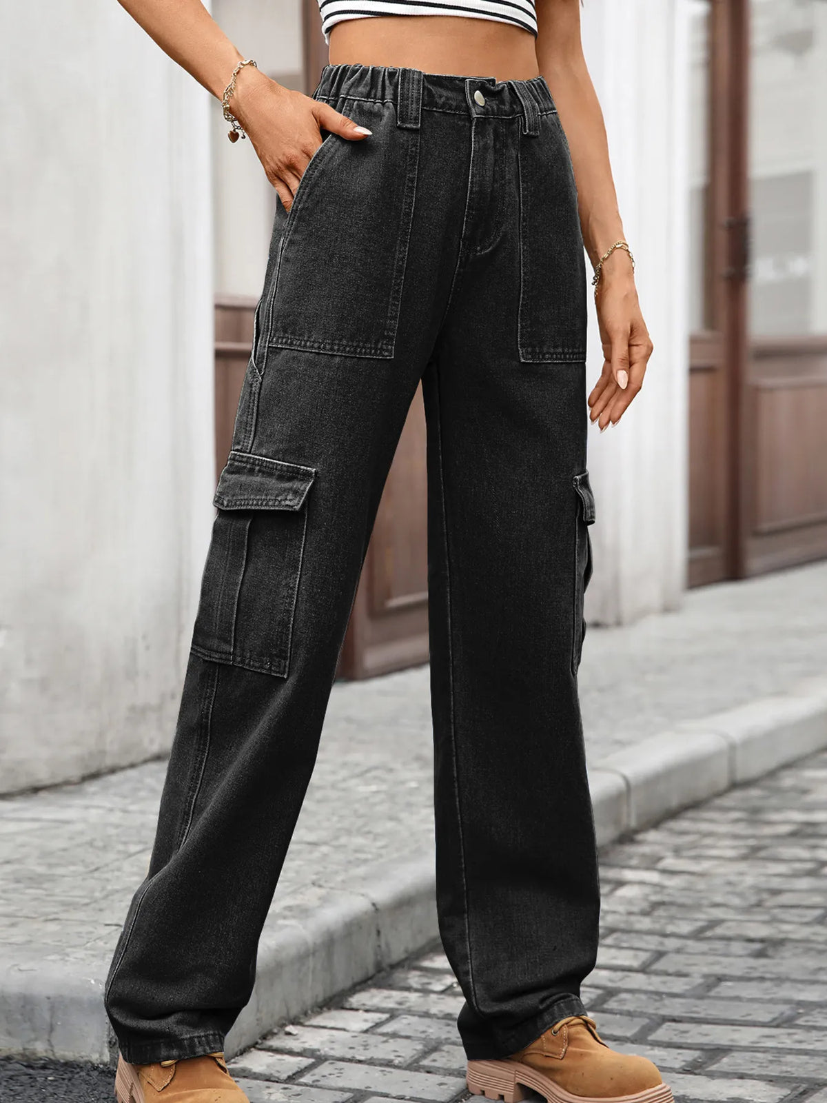 High-waisted cargo denim jeans from Plush Fashion Hub showing relaxed fit, front pockets, and classic blue denim fabric.
