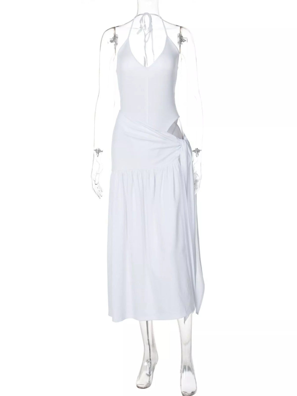 Halter neck ruched bodysuit and maxi skirt set by Plush Fashion Hub, featuring a fitted bodysuit and flowing skirt in stylish design
