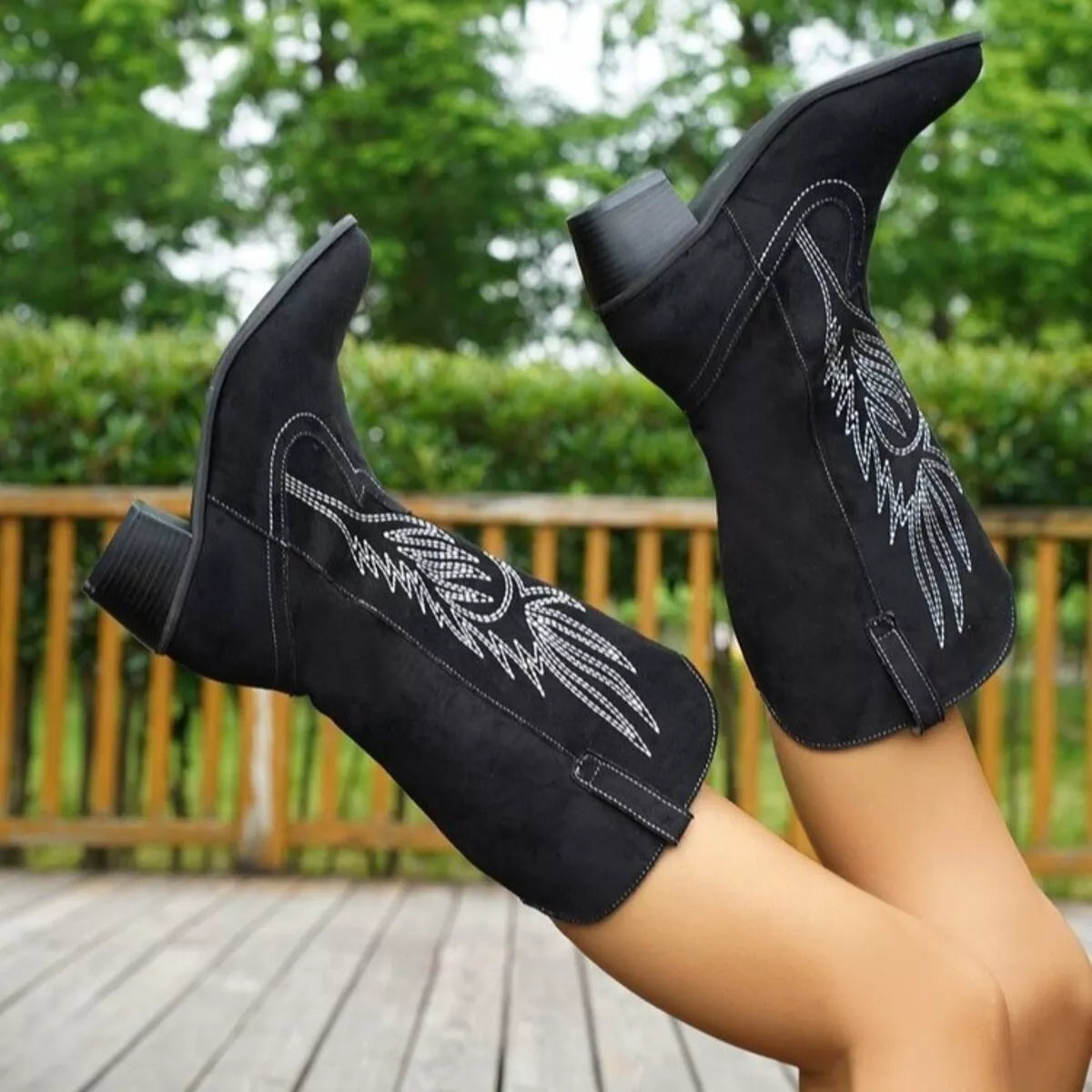 Point toe block heel boots by Trendsi, stylish black boot with sleek silhouette and sturdy block heel for versatile wear.