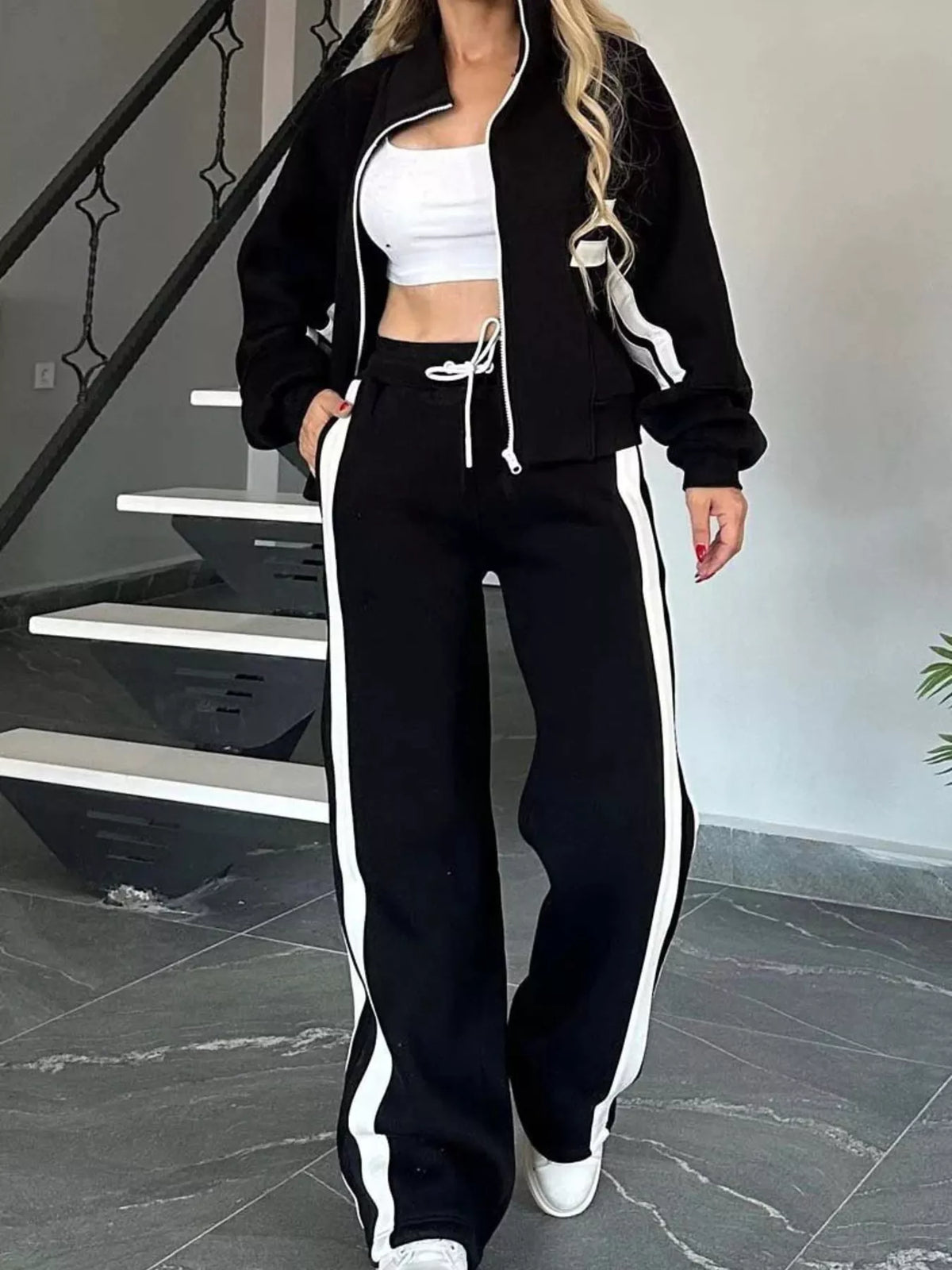 Plus size contrast stripe zip-up activewear jacket and pants set by Plush Fashion Hub, featuring sporty design and comfortable fit.
