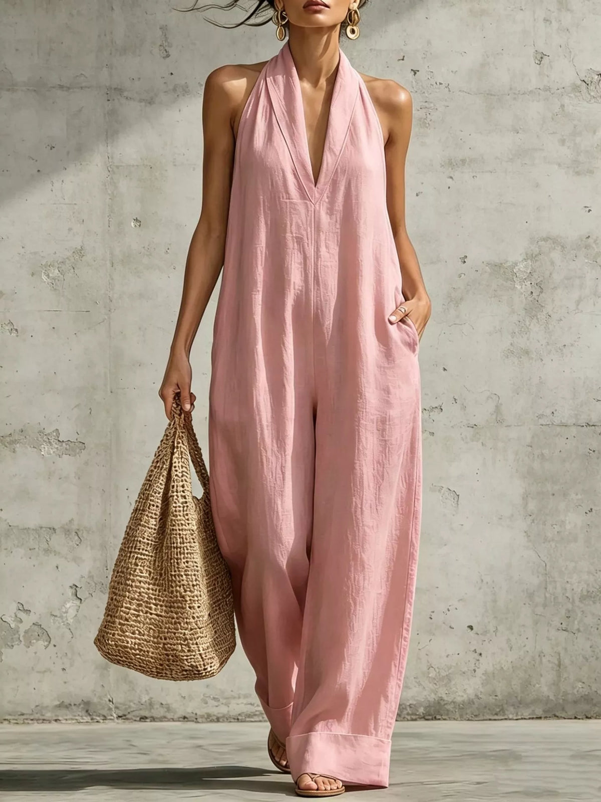 Plus size halter neck wide-leg jumpsuit by Plush Fashion Hub, shown in full view with stylish design and comfortable fit.