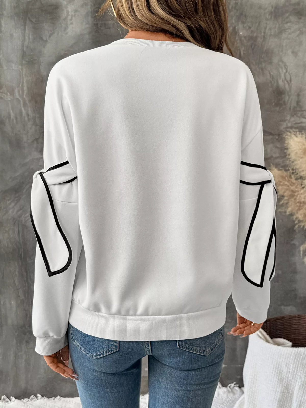 Plush Fashion Hub side striped round neck sweatshirt featuring contrasting side stripes and a relaxed fit, casual tops for everyday wear.