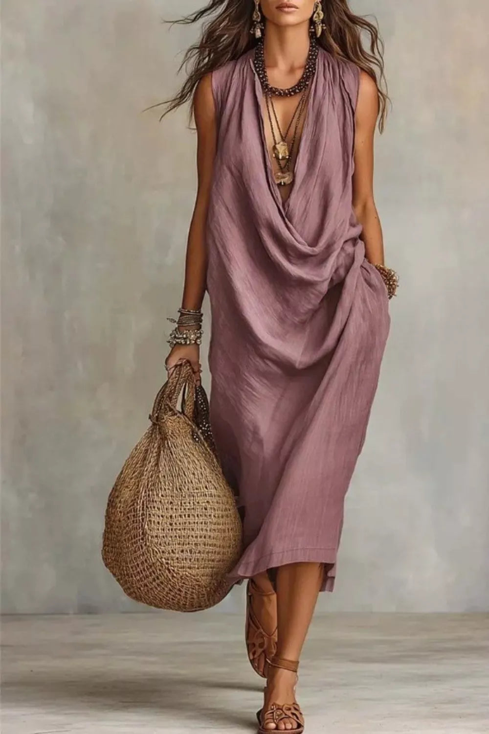Plush Fashion Hub sleeveless drape neck midi dress with flowing fabric and elegant design, ideal for stylish occasions.