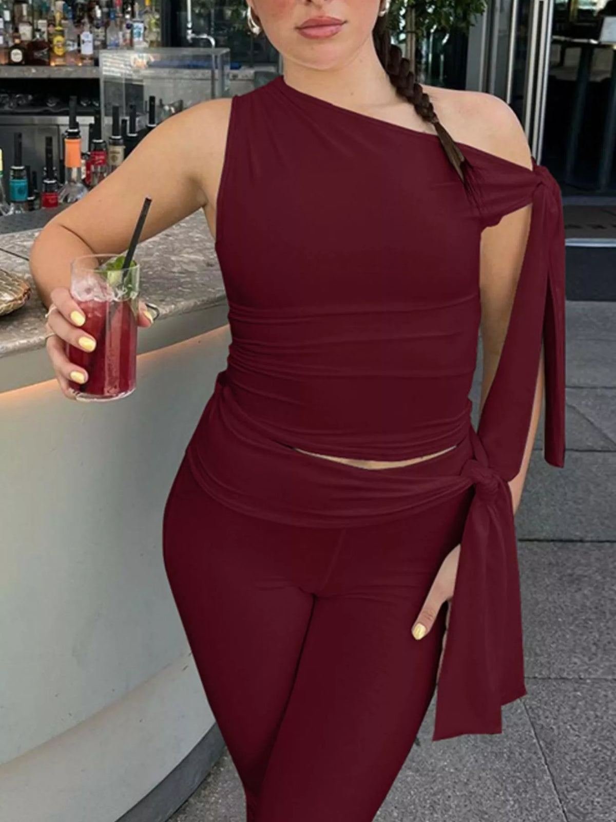 Asymmetrical one-shoulder top and matching capris set by Plush Fashion Hub, stylish and modern women's tops and bottoms ensemble