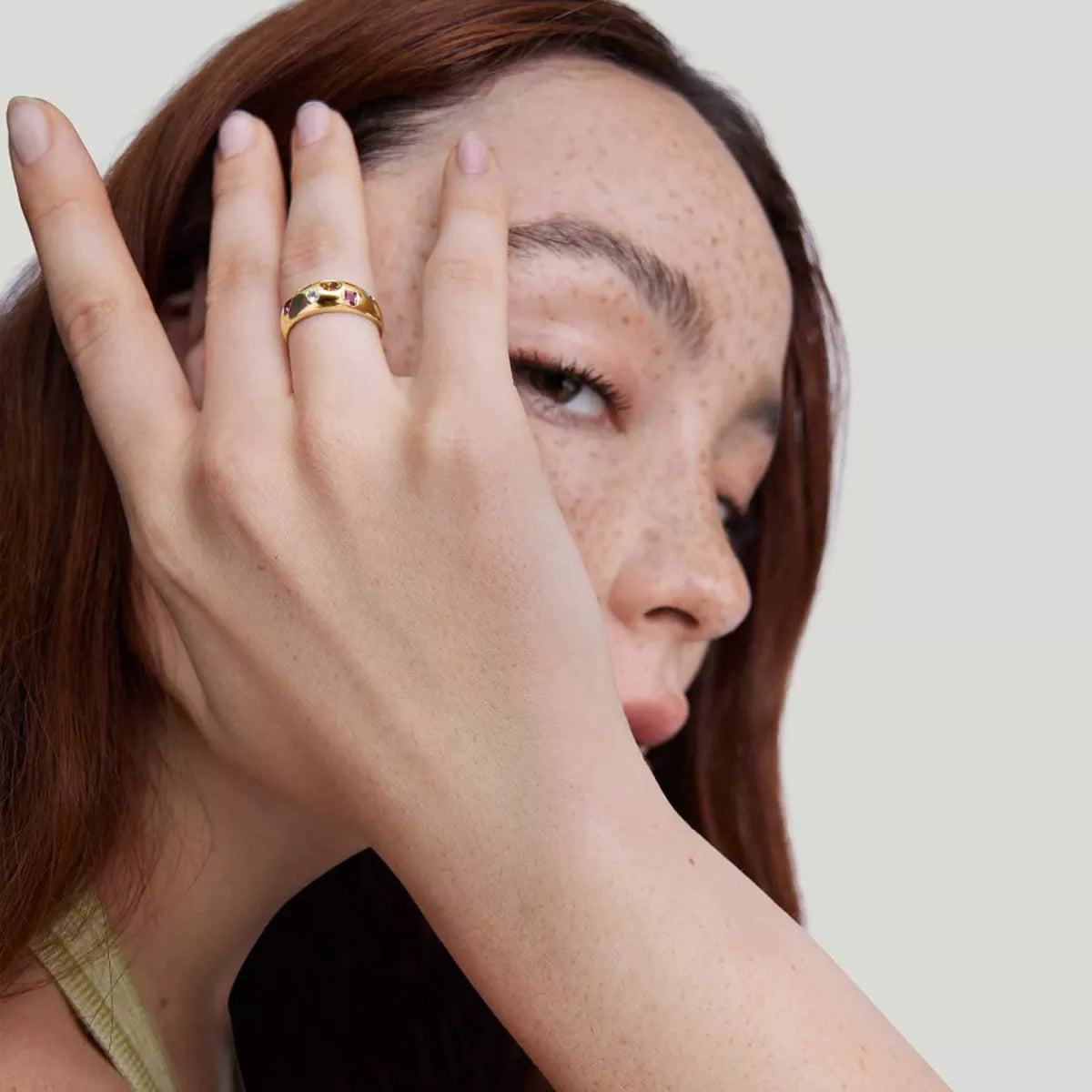 Colorful zircon ring with 18K gold-plated finish, featuring vibrant stones and a stylish design from Plush Fashion Hub.