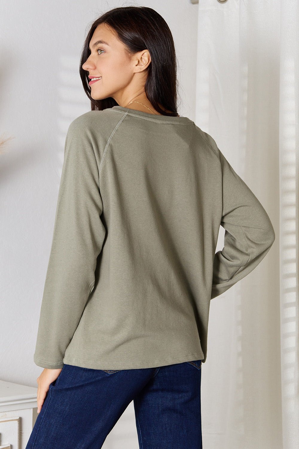 Women’s V-neck long sleeve cotton blend basic T-shirt by Plush Fashion Hub, shown in a full front view.
