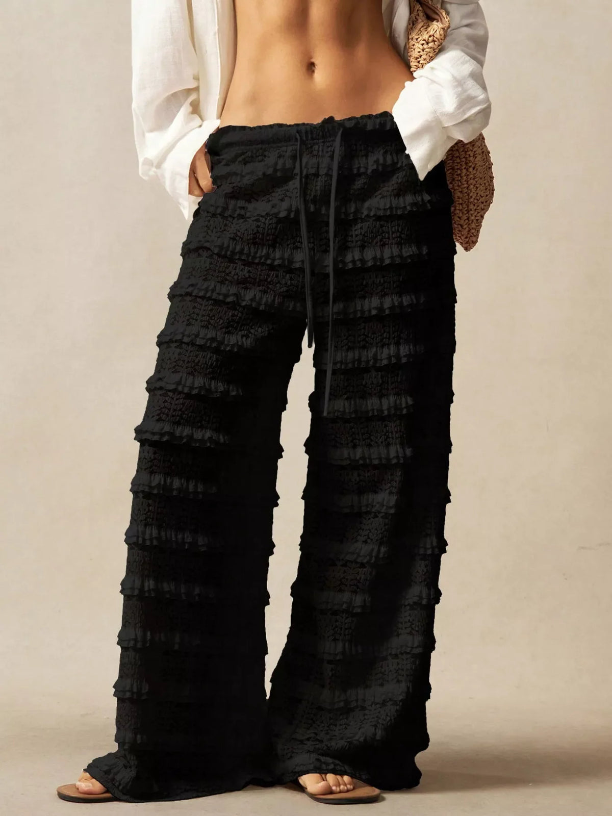 Lace drawstring wide-leg pants from Plush Fashion Hub featuring delicate lace details and a relaxed fit.