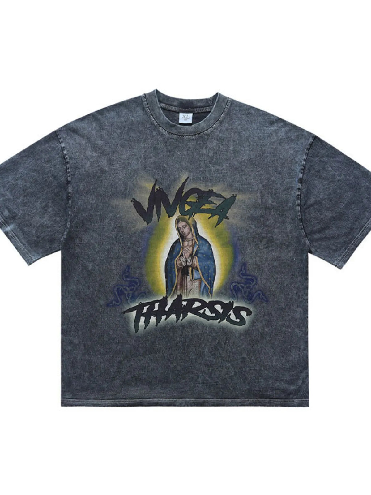 Men's graphic round neck short sleeve T-shirt by Trendsi featuring a stylish design on soft cotton fabric.