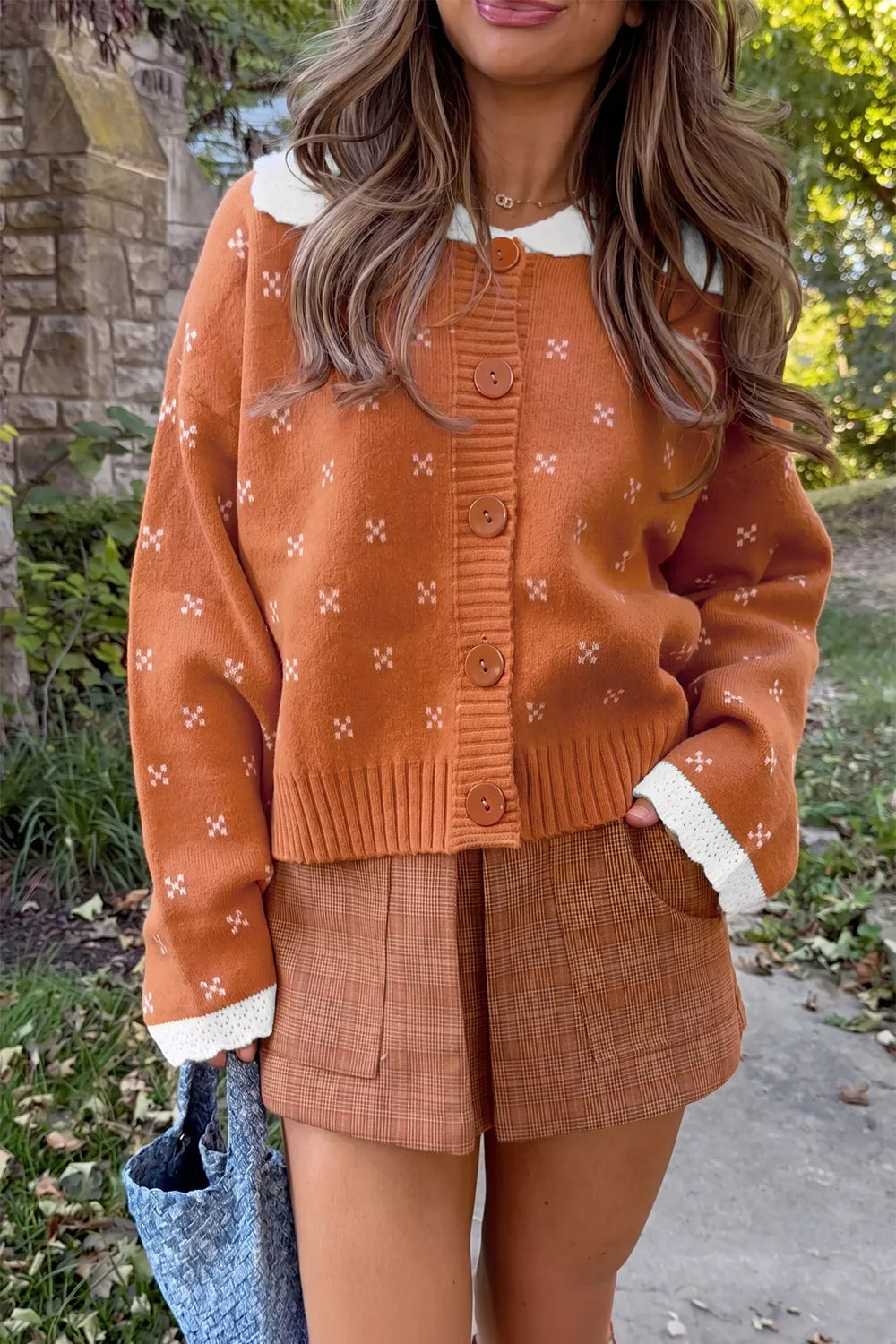 Colorblock Peter Pan collar long sleeve knit cardigan for women, featuring a stylish design and cozy fabric from Trendsi.