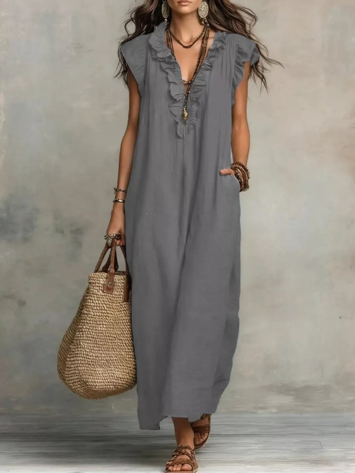 Plus size plush fashion hub ruffled v-neck cap sleeve maxi dress, full-length with elegant flowy fabric and stylish design.