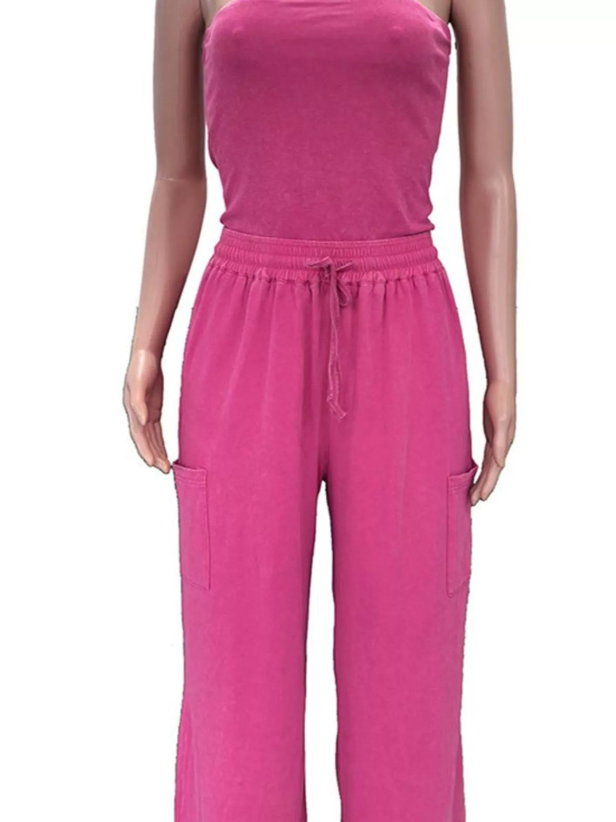 Strapless wide-leg jumpsuit with drawstring waist by Plush Fashion Hub, stylish playsuit perfect for casual or dressy occasions.