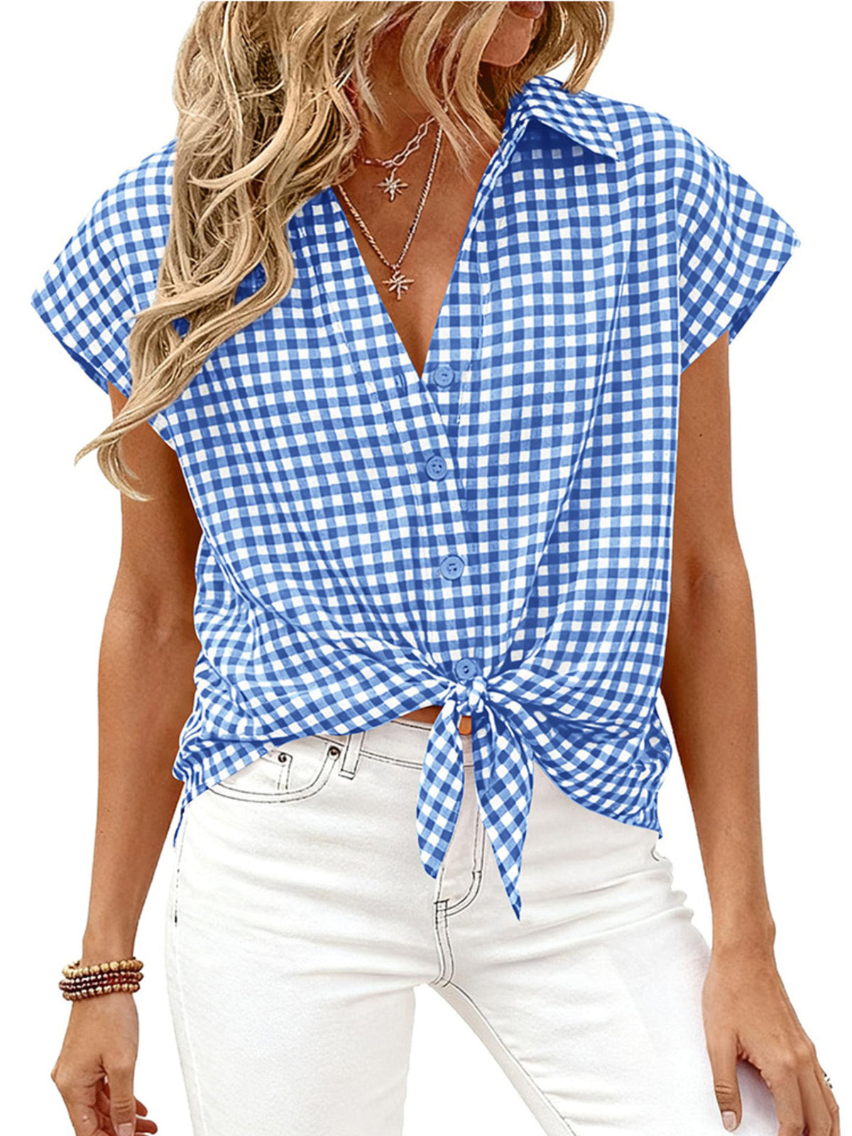 Women's classic gingham print button-down shirt with tie detail from Plush Fashion Hub, shown on a model.