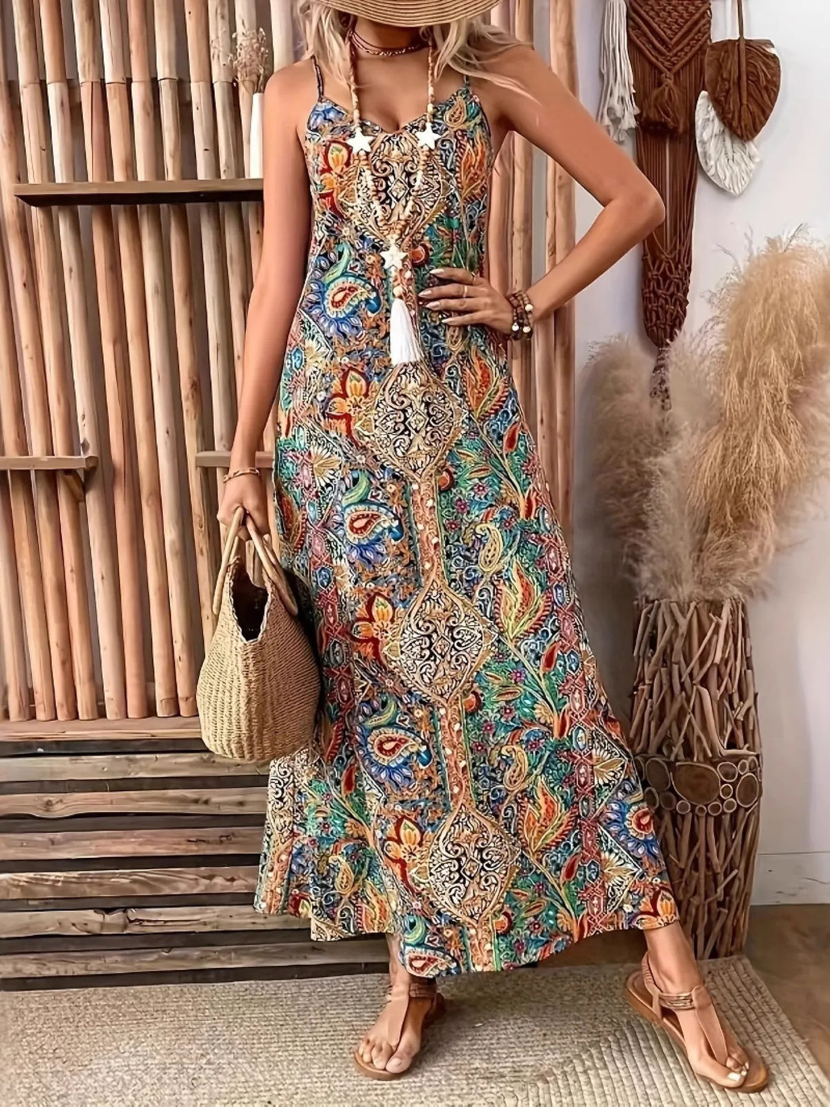 Paisley print V-neck maxi dress by Plush Fashion Hub featuring flowing fabric and a stylish, bohemian-inspired design.
