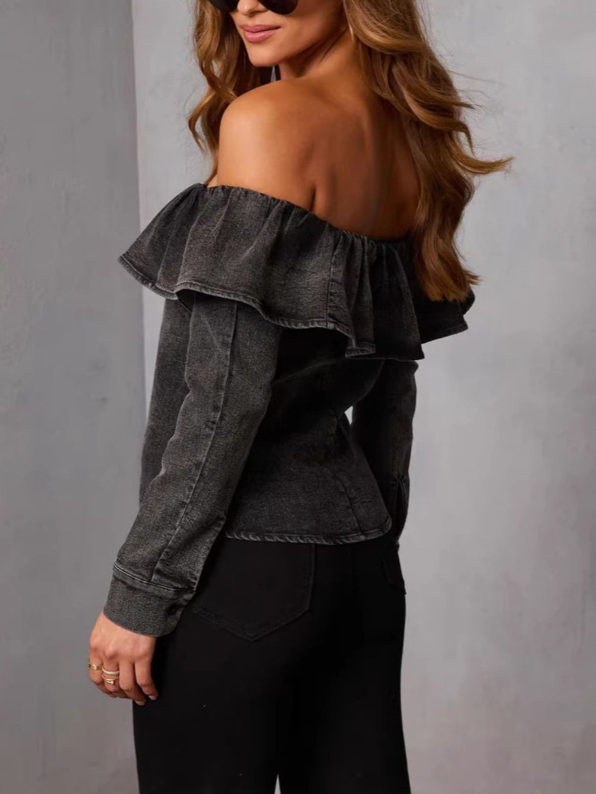 Women’s off-shoulder ruffled denim blouse by Plush Fashion Hub, soft casual blue top with stylish ruffle details and off-shoulder design.