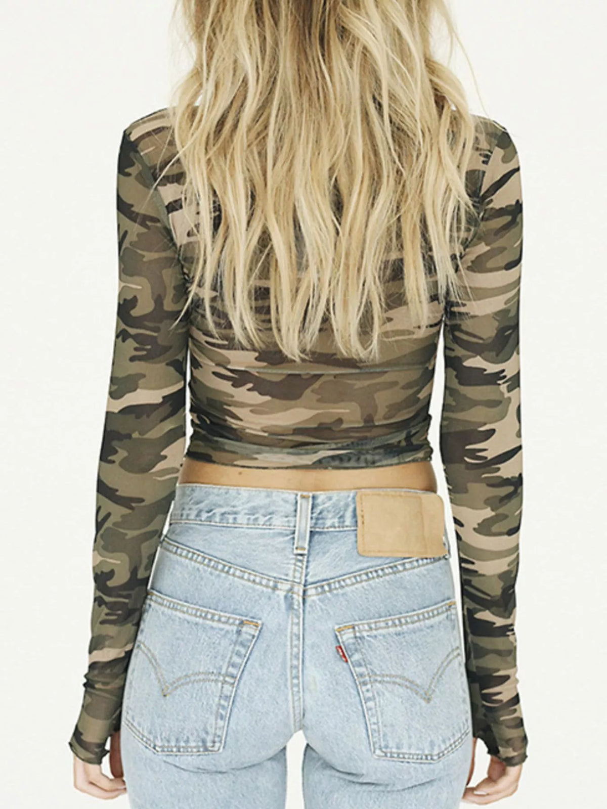 Camouflage mesh long sleeve T-shirt from Plush Fashion Hub featuring a breathable, stylish camouflage pattern and fitted design.