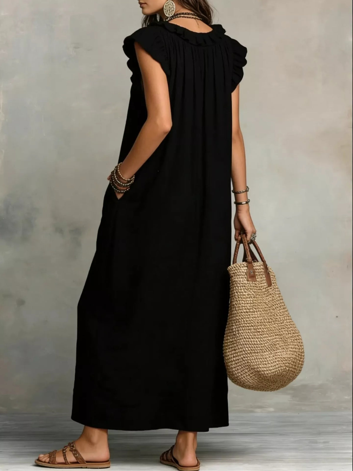 Plus size full length ruffled v-neck cap sleeve maxi dress by Plush Fashion Hub, featuring a flowing silhouette and soft ruffle details.