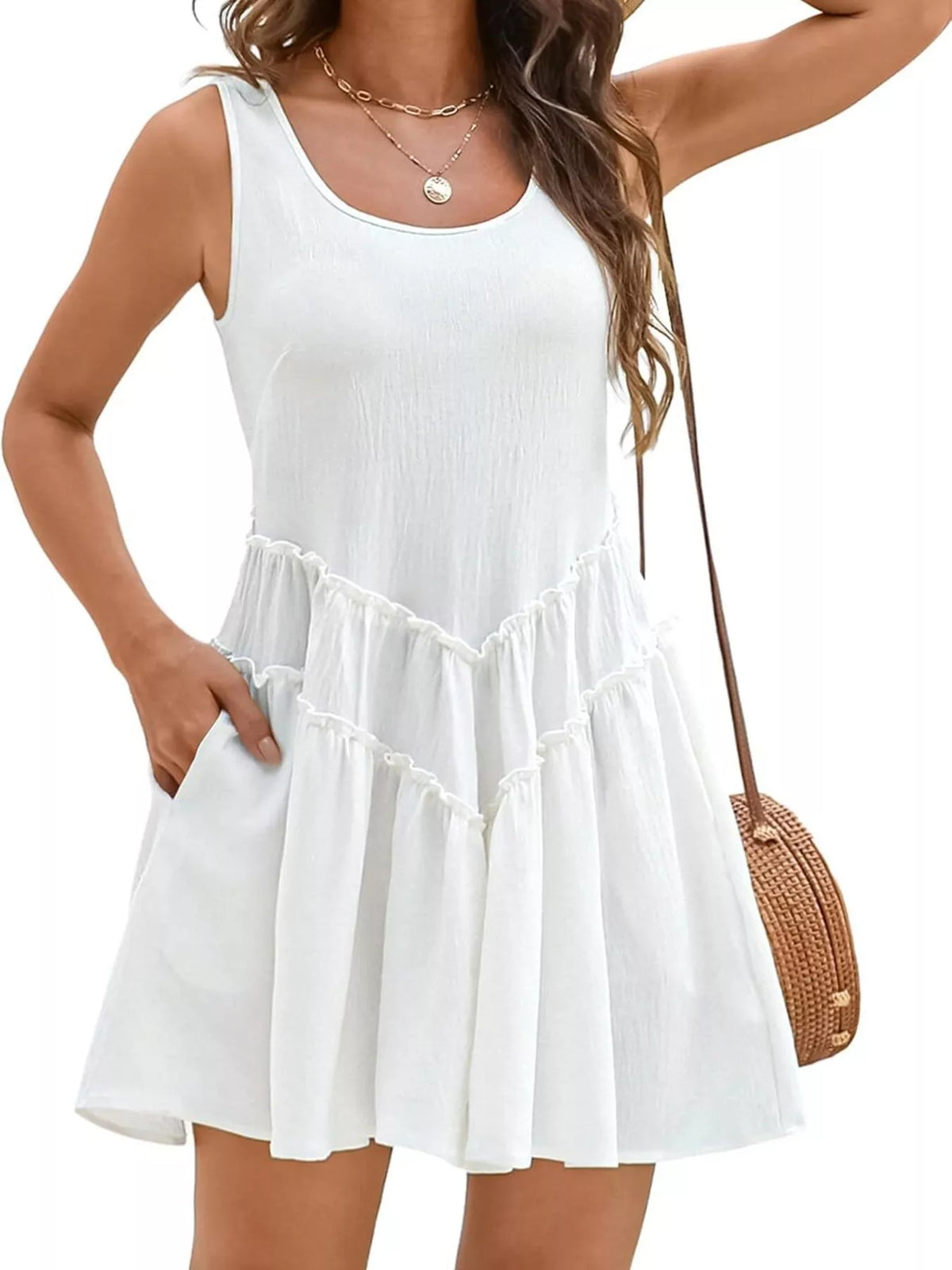 Women’s sleeveless round neck mini dress with pockets by Plush Fashion Hub, featuring a stylish and comfortable design.