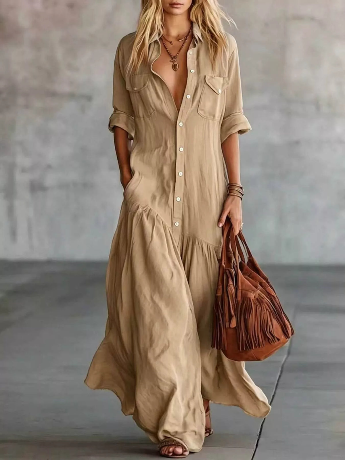 Plus size plush fashion hub maxi dress with button front and roll-up sleeves, full-length and stylish for casual wear
