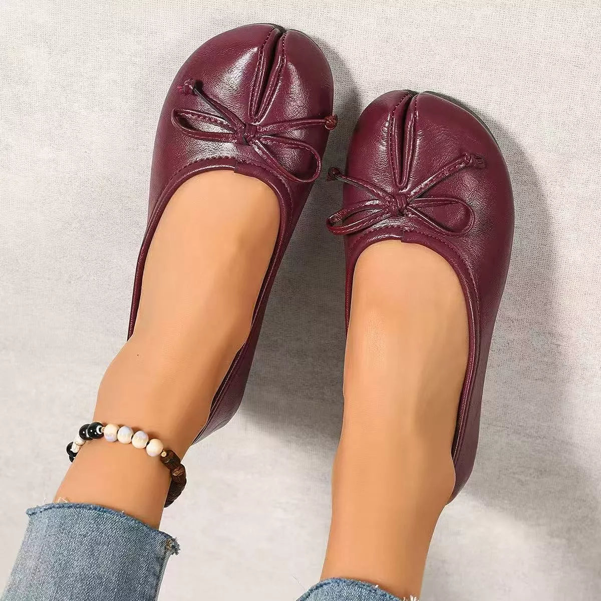 Plush Fashion Hub bow decor split toe slip-on shoes with stylish design and comfortable fit, shown in the product image.